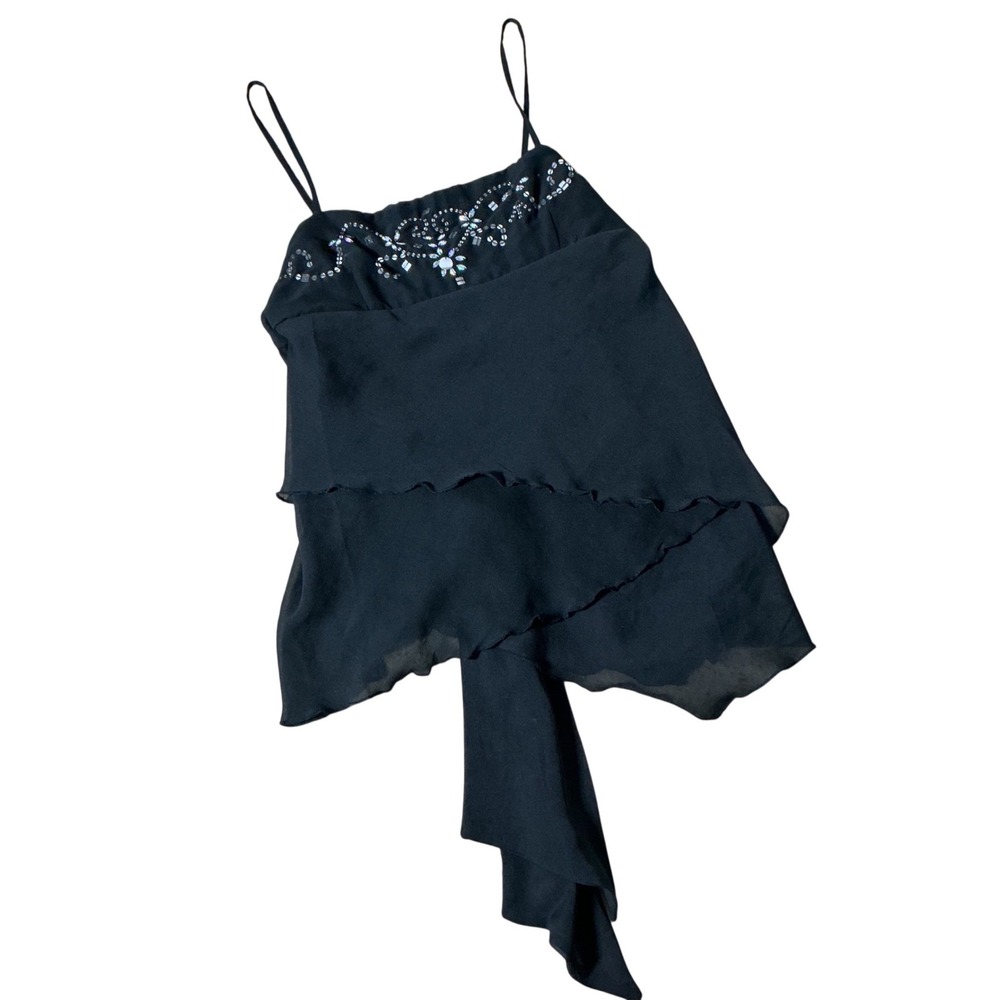 Tramp Black 100% Silk Beaded Ruffle Camisole Top Sz L Y2K Fairycore Whimsigoth